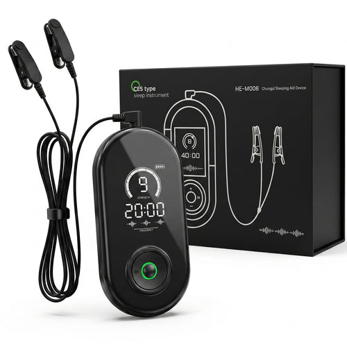 Black electronic device with digital display and cable, next to its packaging box on a white background