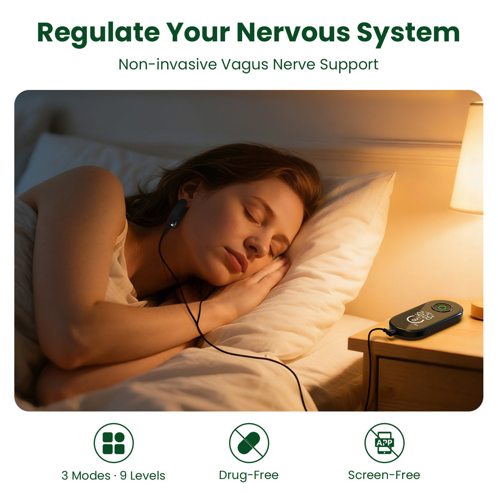 Woman sleeping with a device connected to her ear, promoting non-invasive Vagus Nerve Support.