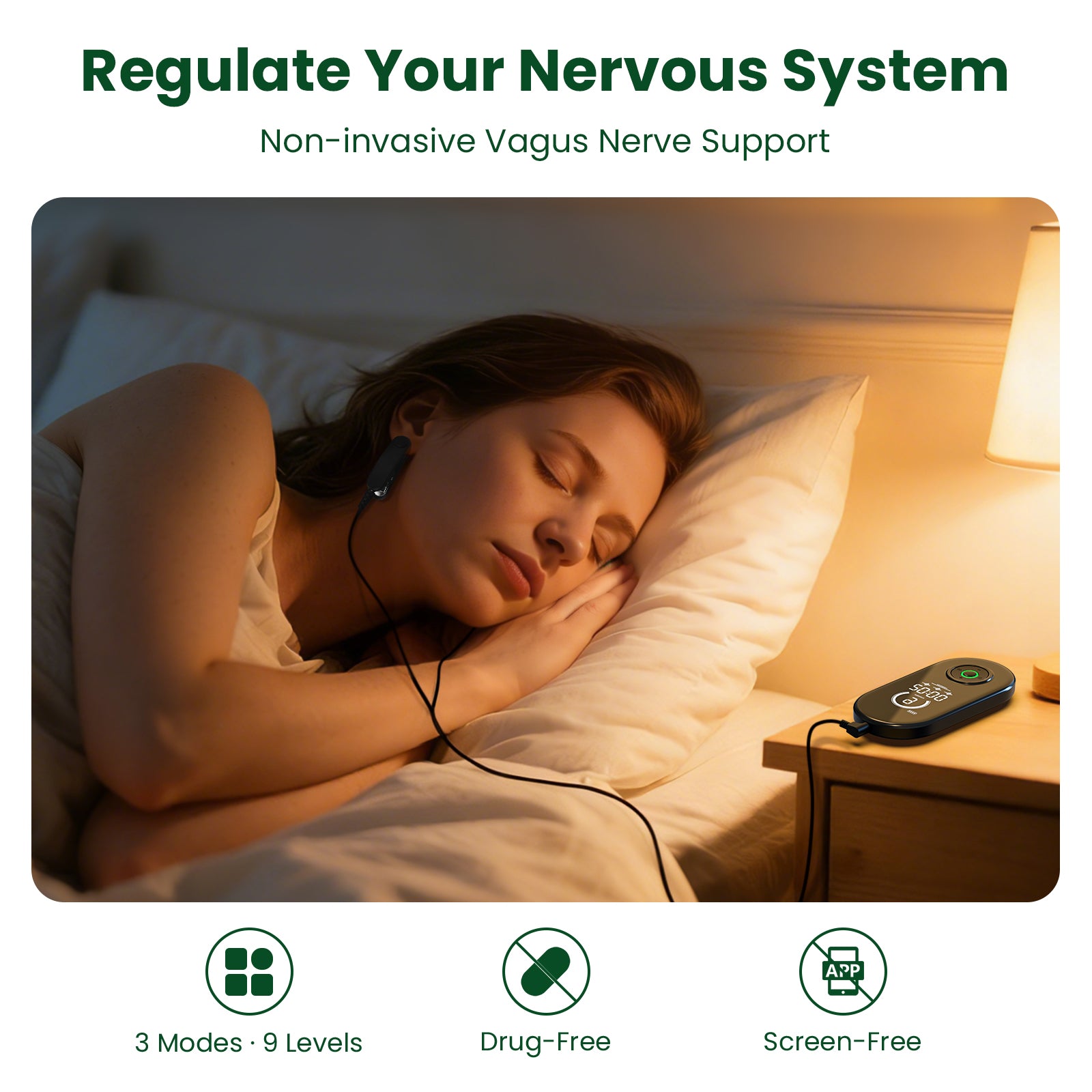 Woman sleeping with a device connected to her ear, promoting non-invasive Vagus Nerve Support.