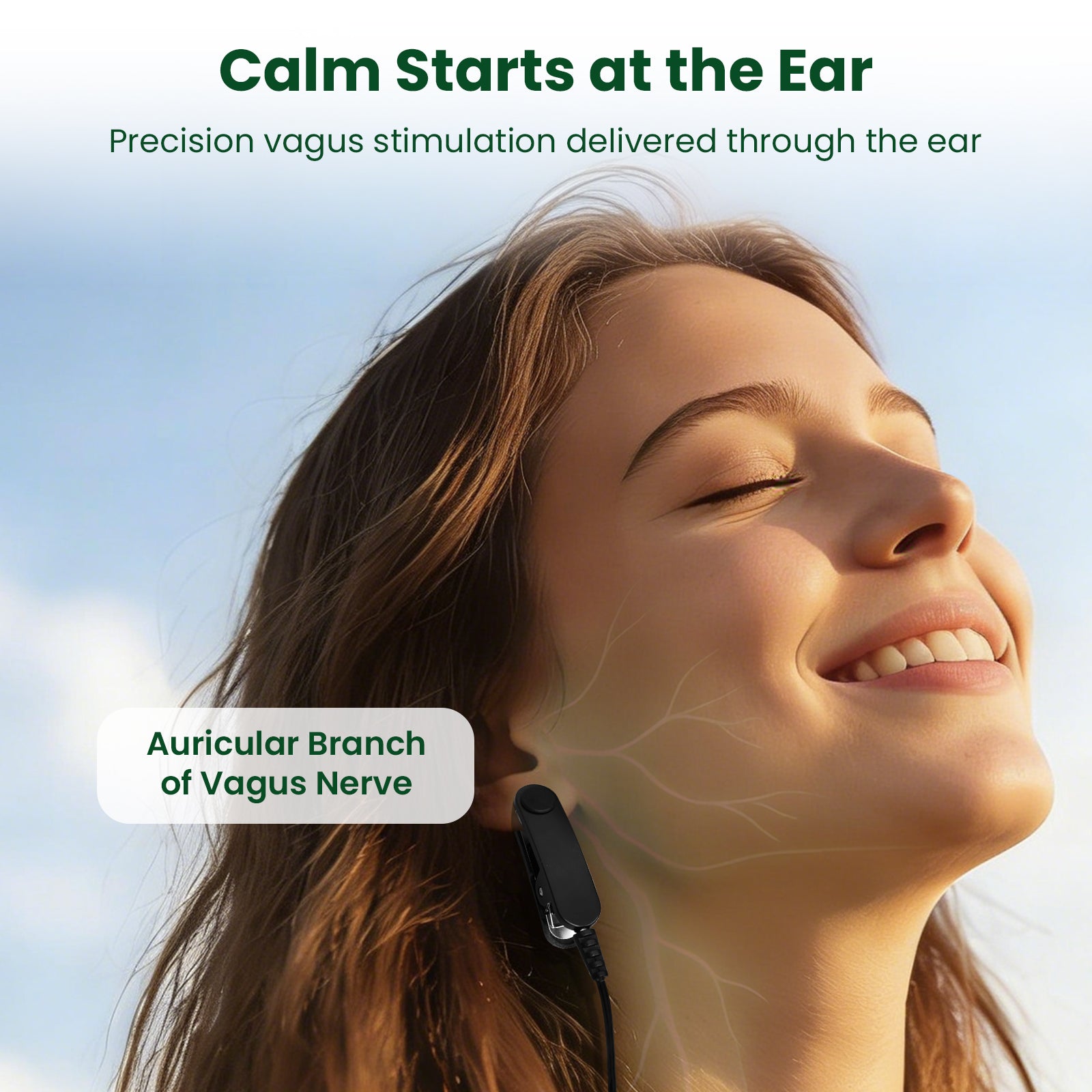 Woman wearing an ear device with text about vagus nerve stimulation against a clear sky.