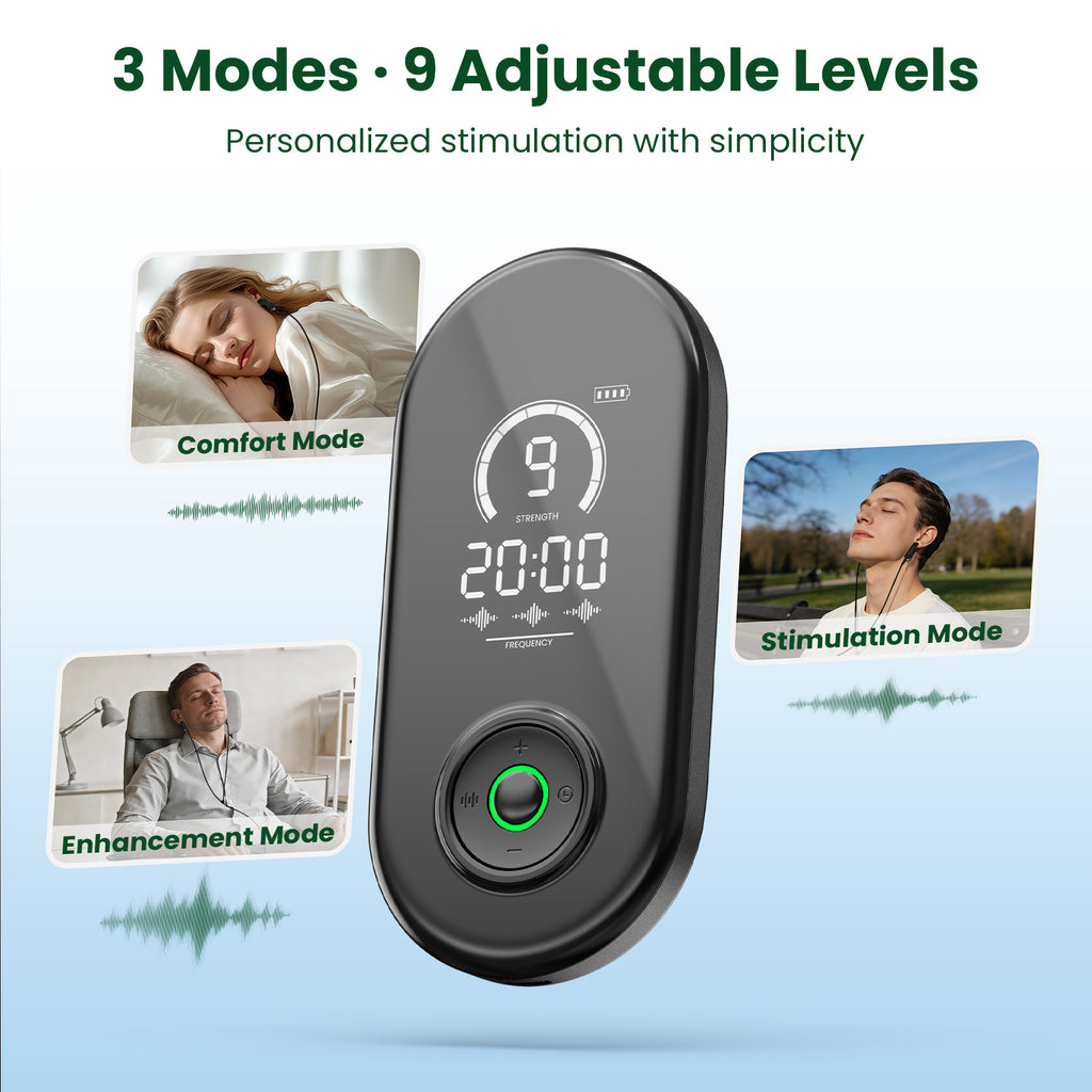 Digital device with display and control buttons, featuring text on modes and adjustable levels.