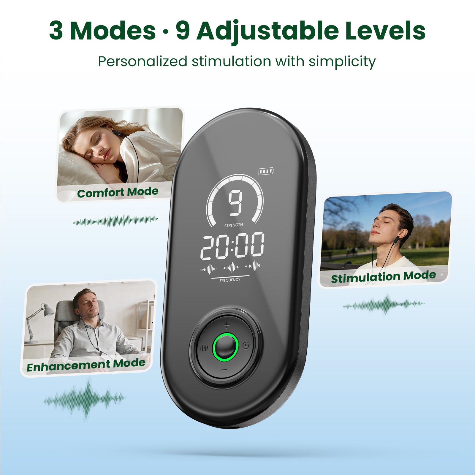 Digital device with display and control buttons, featuring text on modes and adjustable levels.