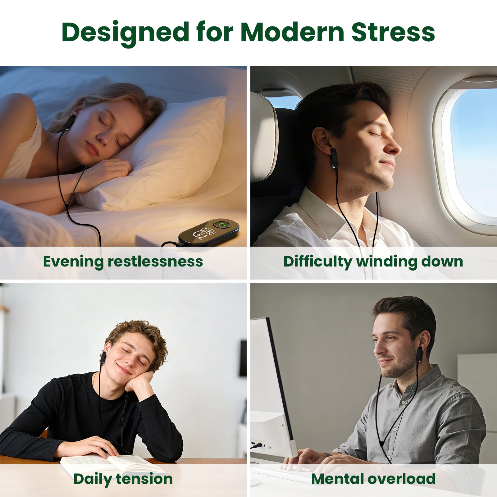 Four scenarios showing people experiencing stress, with text indicating 'Evening restlessness', 'Difficulty winding down', 'Daily tension', and 'Mental overload'.
