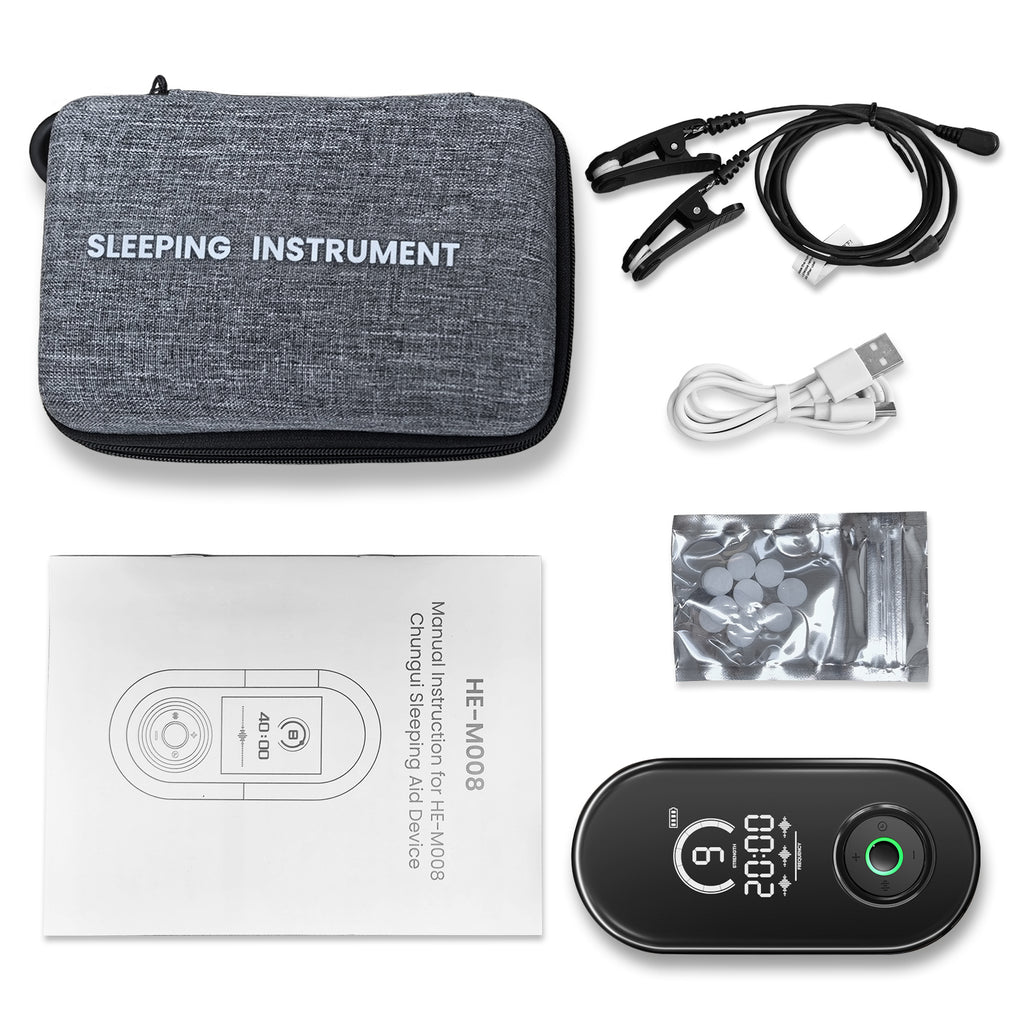 Sleeping instrument set with carrying case, device, USB cable, and packaging on a white background